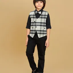 Ministitch Velvet Woven Full Sleeves Checked 3 Piece Party Suit With Bow Set - Black-picture-20
