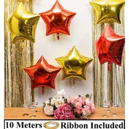 AMFIN Star Shaped Foil Balloon with Ribbon Red & Yellow - Pack of 10 image 2
