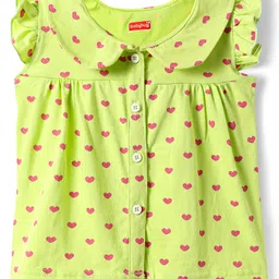 Babyhug Cotton Kit Frill Sleeves Co-ords Peter Pan Collared Front Open Shorts Night Suit with Hearts Print - Light Green image 2