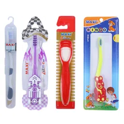 MAXI Mommy & Baby Oral Care Combo of 6-1 Zoom Car Junior Toothbrush & 1 Bingo Junior Toothbrush & (2 Adult) For You Toothbrush & (2  TC) 1 Number Tongue Cleaner image 3