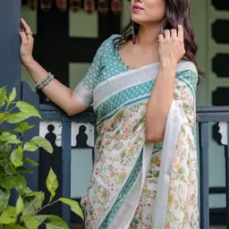 MAHARANI COUTURE Floral Printed Woven Design Border Pure Linen Banarasi Saree image 3