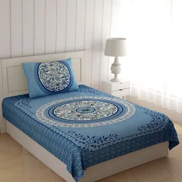 MILAAV Blue Floral 144 TC Single Bedsheet with 1 Pillow Covers-picture-12