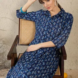 Indo Era Geometric Printed Shirt Collar A-Line Pure Cotton Kurta With Palazzos image 3
