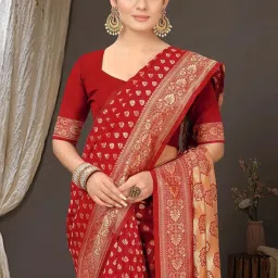 Satrani Red Woven Saree With Unstitched Blouse image 5