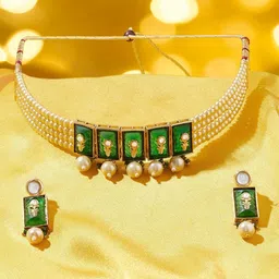 Zaveri Pearls Gold-Plated Stone-Studded & Beaded Multistrand Choker Jewellery Set-picture-18