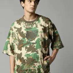 Breakbounce Dark Green Cotton Oversized Fit Camouflage Sweatshirt-image-68