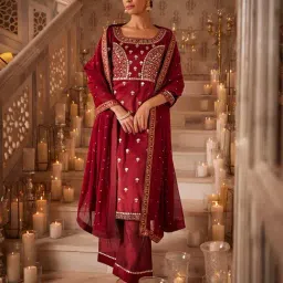 Wishful by W Maroon Embroidered Kurta Palazzo Set With Dupatta-image-64