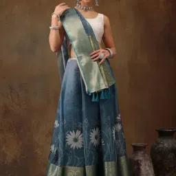 Silk Land Blue Silk Floral Print Saree With Unstitched Blouse-image-18