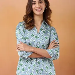 Fabindia Women's Green Printed Spread Collar 3/4th Sleeves Top-picture-26