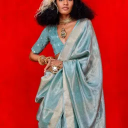 Vardha Teal Blue Striped Saree With Unstitched Blouse image 5