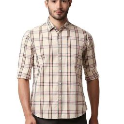 Basics Beige Cotton Slim Fit Checks Shirt-picture-6