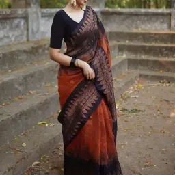 Anjaneya Sarees Orange & Black Silk Woven Saree With Unstitched Blouse image 3