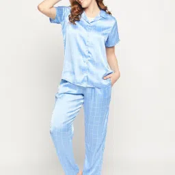 Clovia Blue Printed Shirt Pyjamas Set image 5