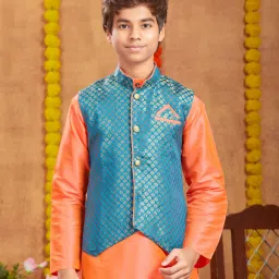 Aarika Kids Orange & Teal Solid Full Sleeves Kurta, Pyjamas with Nehru Jacket image 5