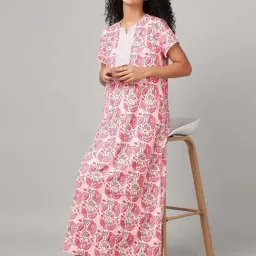 Clovia Pink & White Cotton Regular Fit Floral Print Nighty image 5