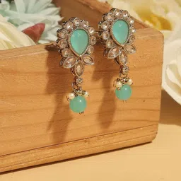 SALONI FASHION JEWELLERY GOld Plated Kundan Studded & Beaded Teardrop Shaped Drop Earrings-picture-36
