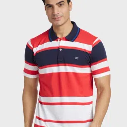 Colorplus Red Cotton Tailored Fit Striped Polo T-Shirt-image-5