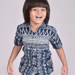 Polka Tots Half Sleeves  Abstract Designed Band Printed Shirt - Navy Blue-picture-29