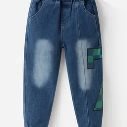 Kookie Kids Denim Washed Jeans with Text Print - Blue-image-95