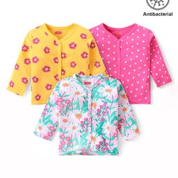 Babyhug 100% Cotton Knit  Antibacterial Full Sleeves  Front Open Set of Vest with Polka Dots & Floral Print Pack of 3 - Multicolour-picture-29