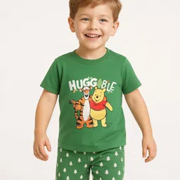 Babyhug Disney Single Jersey Knit Half Sleeves Shorts Night Suit With Winnie & Friends Graphic - Dark Green-picture-38