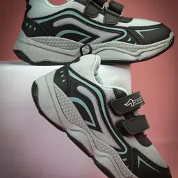 asian Mesh Detailed & Colour Blocked With Double Velcro Closure Shoes - Grey & Black-picture-27