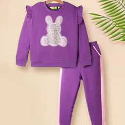 Tiara Fleece Knit Full Sleeves Teddy Bear Sequins Embellished Sweatshirt & Side Taped Joggers Set - Purple-picture-26