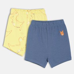 MINI KLUB Cotton Knit Pack Of 2 Animal Printed & Patch Detailed Shorts - Yellow & Blue-picture-7