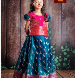 Bhartiya Paridhan Silk Half Sleeves Floral & Peacock Printed Choli & Lehenga Set - Teal Blue & Pink-picture-24