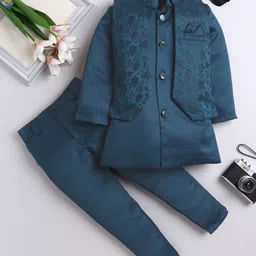 Fourfolds Woven Full Sleeves Solid Sherwani & Pant With Floral Embroidered Jacket Set - Teal Blue-picture-18