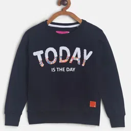 Tales & Stories Cotton Knit Full Sleeves Floral Designed Sequins Embellished Typography Embroidered Light Winter Sweatshirt - Navy Blue-picture-17