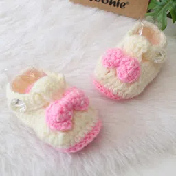 Woonie Woven Bow Applique Detailed Handmade Booties - Cream image 3