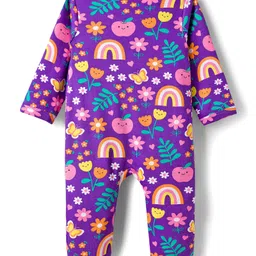 Babyhug Cotton Knit Full Sleeves Footed Sleepsuit With Floral Print - Purple image 2