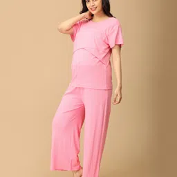 The Mom Store Cotton Spandex Knit Half Sleeves Solid Coordinating Maternity Night Suit Set With Nursing Access - Pink image 4