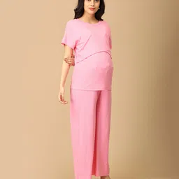 The Mom Store Cotton Spandex Knit Half Sleeves Solid Coordinating Maternity Night Suit Set With Nursing Access - Pink image 5