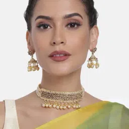 Peora Gold-Plated Polki Stone Beads Choker Necklace & Jhumki Earrings Set-image-82