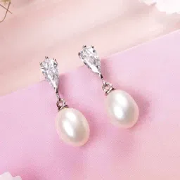 Zavya Graceful Fusion Rhodium Plated CZ & Pearl 925 Sterling Silver Earrings-picture-39