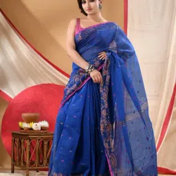 Desh Bidesh Blue Cotton Woven Design Saree With Unstitched Blouse Piece image 5