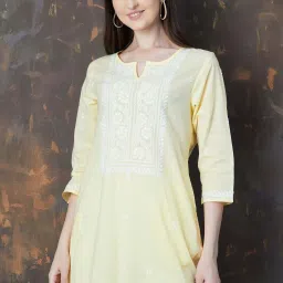 Melange By Lifestyle Yellow Cotton Regular Fit Embroidered Kurta image 5