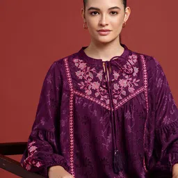 all about you Floral Embroidered Mandarin Collar Puff Sleeve Top-image-6