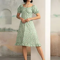 AASK Women Floral Print Puff Sleeve Crepe Fit & Flare Midi Dress-image-51