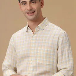 Linen Club Yellow Linen Slim Fit Checks Shirt image 5