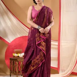 Desh Bidesh Brown Cotton Woven Design Saree With Unstitched Blouse Piece image 3