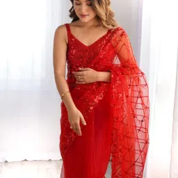 Saree Mall Red Net Embellished Saree with Blouse Piece image 5