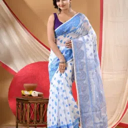 Desh Bidesh Blue Cotton Embroidered Saree Without Blouse Piece-picture-16