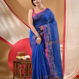 Desh Bidesh Blue Cotton Woven Design Saree With Unstitched Blouse Piece image 3