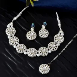 Jewels Nest Women Stainless Steel Crystal-Studded & Pearls Beaded Jewellery Set-image-78