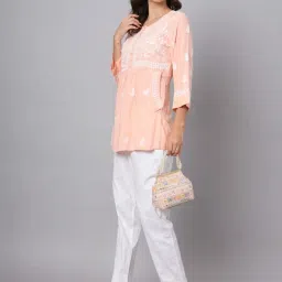 PARAMOUNT CHIKAN Peach Hand Embroidered Chikankari Straight Kurti image 5