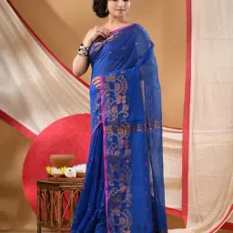 Desh Bidesh Blue Cotton Woven Design Saree With Unstitched Blouse Piece image 4