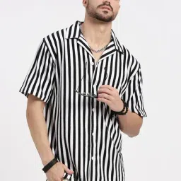 SHOWOFF Black Cotton Relaxed Fit Stripes Shirt-image-89